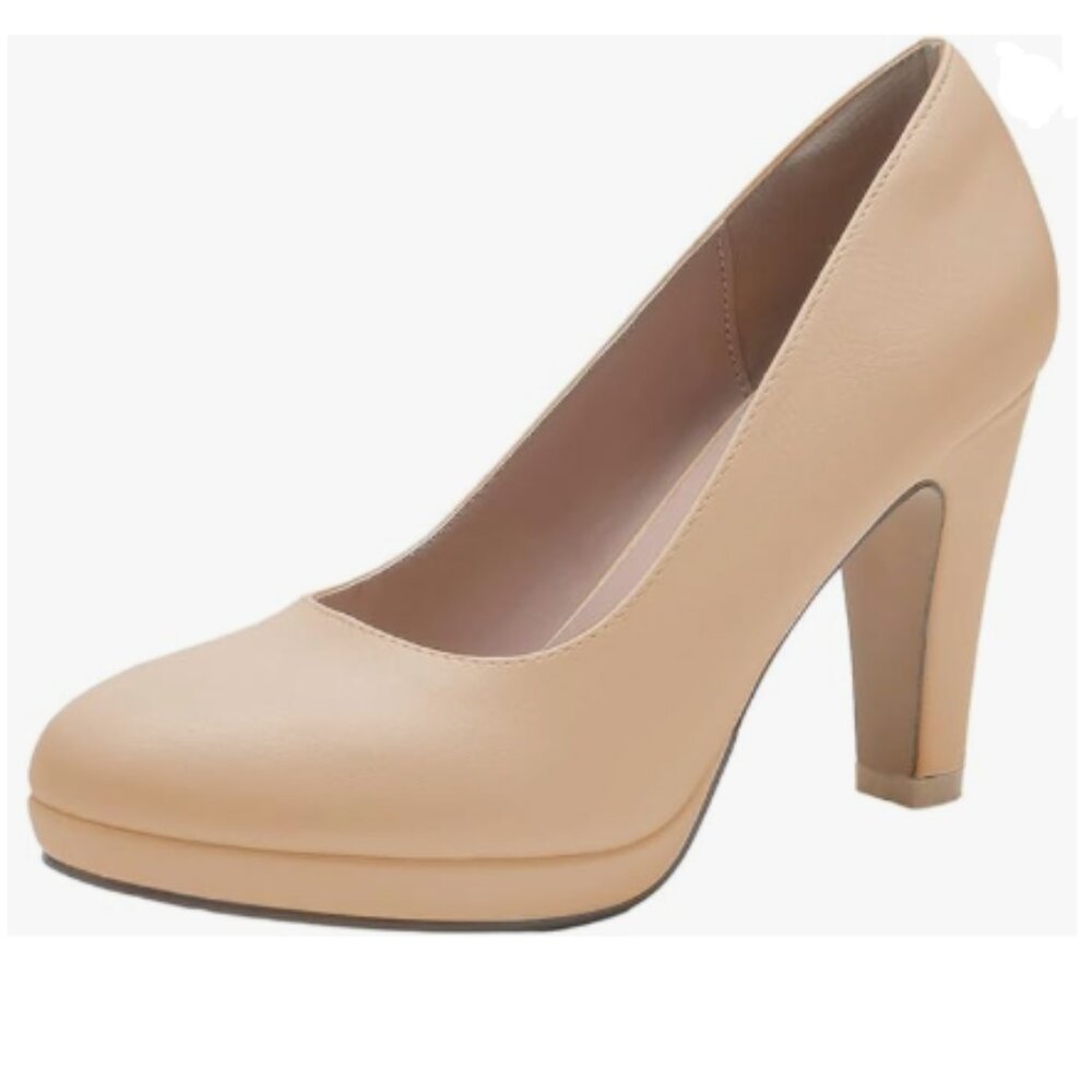 miss left Apricot Low Platform Chunky Heel Slip On Round Toe Pump Dressy Shoes